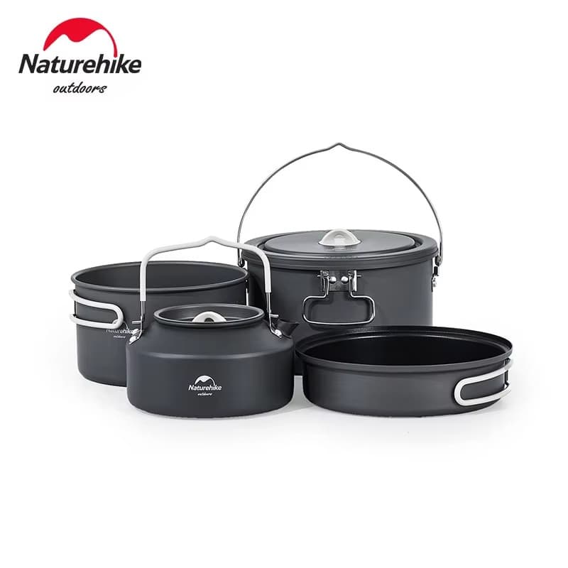 Complete set of 4 black aluminum camping cookware items including kettle, pot, frying pan, and cauldron by Naturehike Outdoors