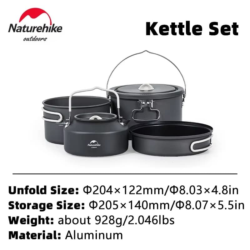 Complete set of 4 black aluminum camping cookware items including kettle, pot, frying pan, and cauldron by Naturehike Outdoors