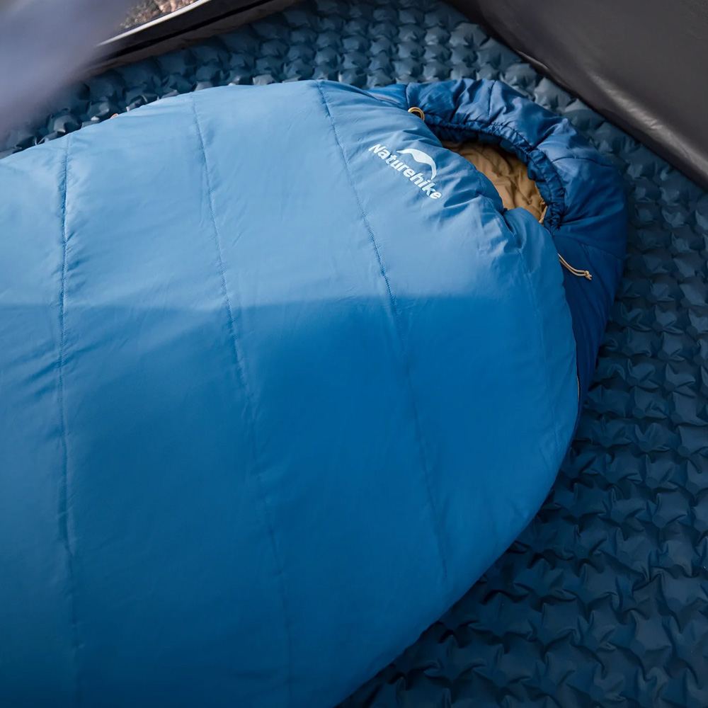 Blue Naturehike Mujin Pro mummy sleeping bag designed for lightweight camping hiking backpacking and outdoor cold weather sleeping comfort