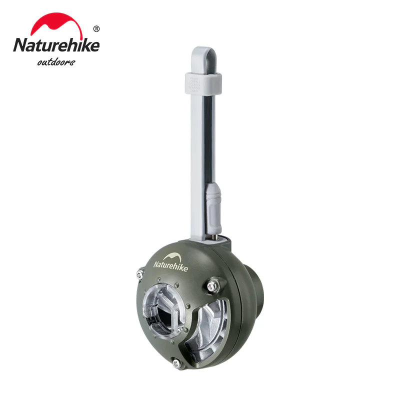 Naturehike Wind Nano portable 35kPa electric air pump in olive green with integrated hanging loop, designed for quickly inflating camping sleeping pads, air mattresses and other outdoor inflatable gear.