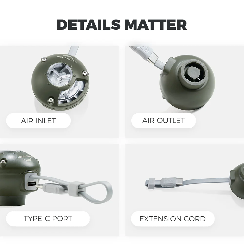 Naturehike Wind Nano Air Pump 35kPa Naturehike Wind Nano portable 35kPa electric air pump in olive green with integrated hanging loop, designed for quickly inflating camping sleeping pads, air mattresses and other outdoor inflatable gear.