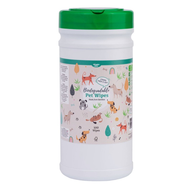 Nilaqua biodegradable pet wipes made from bamboo in 100 pack tub for gentle cleaning and pet hygiene