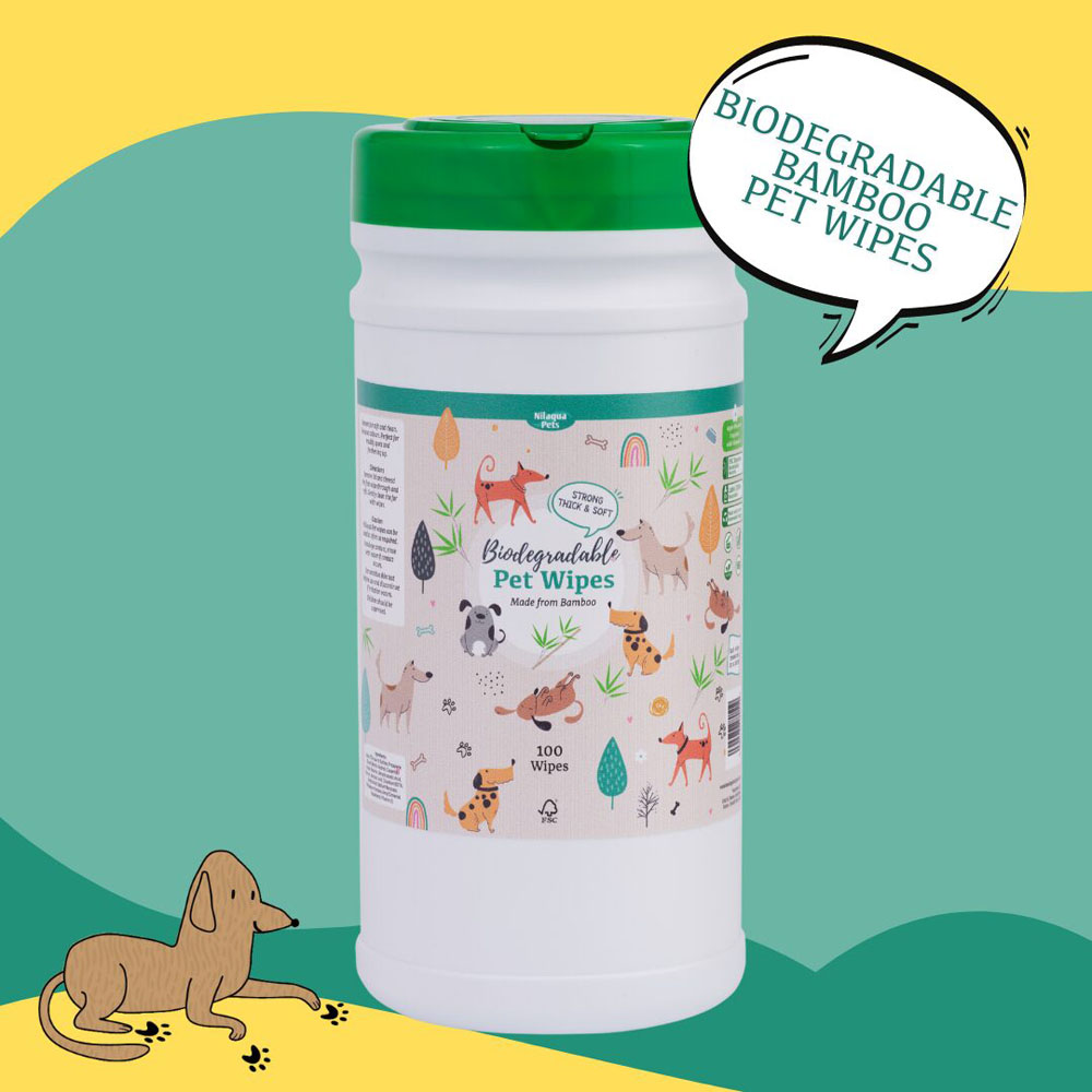 Nilaqua biodegradable pet wipes made from bamboo in 100 pack tub for gentle cleaning and pet hygiene