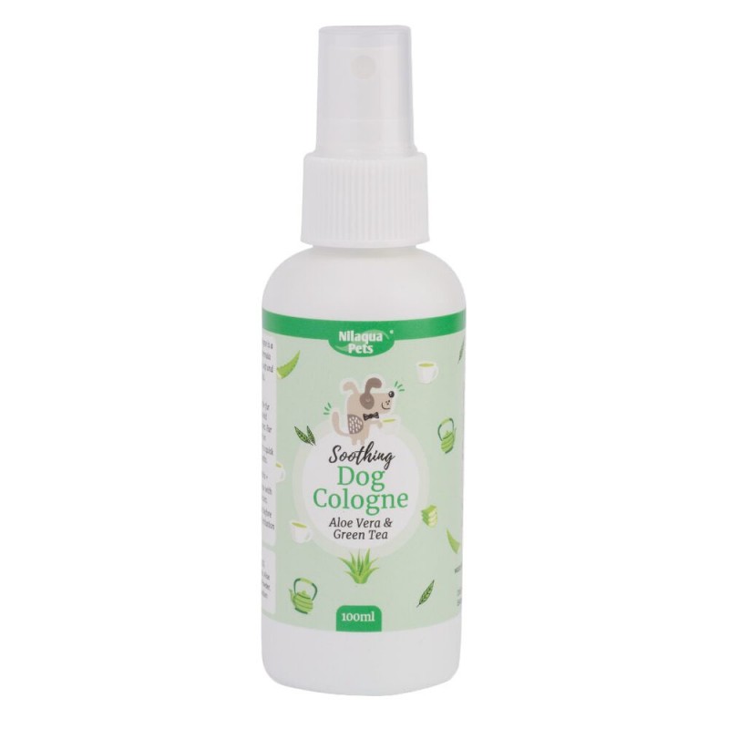 Front view of Nilaqua Pets Soothing Dog Cologne bottle with Aloe Vera & Green Tea scent in 100ml spray format