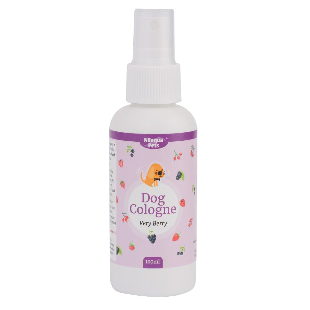 Nilaqua Pets Very Berry dog cologne 100ml spray bottle for deodorising and freshening your dog’s coat