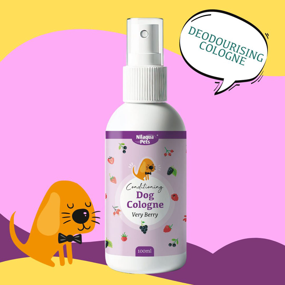 Nilaqua Pets Very Berry dog cologne 100ml spray bottle for deodorising and freshening your dog’s coat