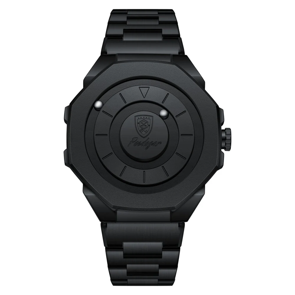 Men's luxury quartz wristwatch with a unique octagonal black case, minimalist dial design, and matching stainless steel bracelet for a modern, sophisticated look.