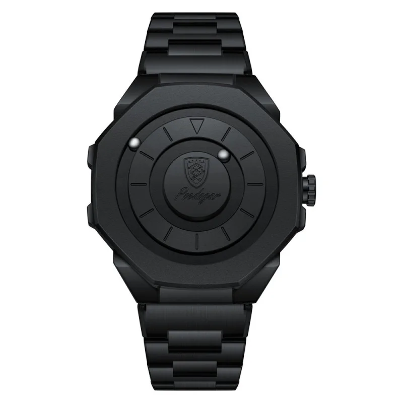 Men's luxury quartz wristwatch with a unique octagonal black case, minimalist dial design, and matching stainless steel bracelet for a modern, sophisticated look.