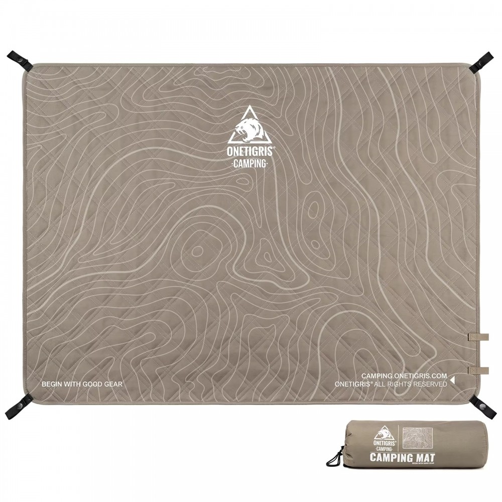 OneTigris ultralight camping mat featuring a durable waterproof design with topographic map pattern and corner attachment loops. This foldable outdoor ground mat provides a clean, comfortable surface for camping, picnics, hiking, backpacking, beach trips,