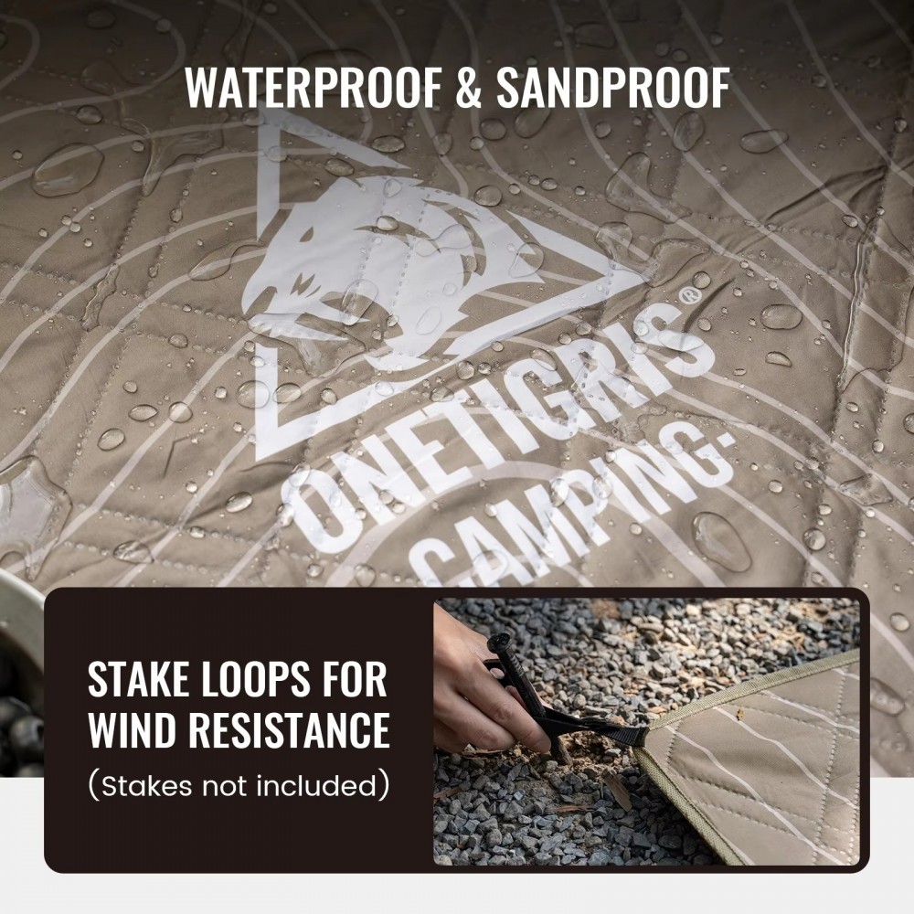 OneTigris ultralight camping mat featuring a durable waterproof design with topographic map pattern and corner attachment loops. This foldable outdoor ground mat provides a clean, comfortable surface for camping, picnics, hiking, backpacking, beach trips,