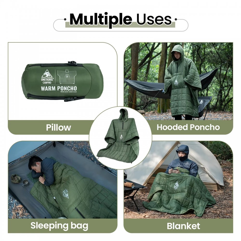 OneTigris Thermal Poncho multiple use camping blanket wearable hooded poncho sleeping bag pillow and outdoor insulated wrap for hiking camping and backpacking