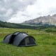 Angled View of Pomoly Openvista 2 Tunnel Tent Side angle of the Openvista 2 showing tent pitched on grassy ground with front awning deployed.