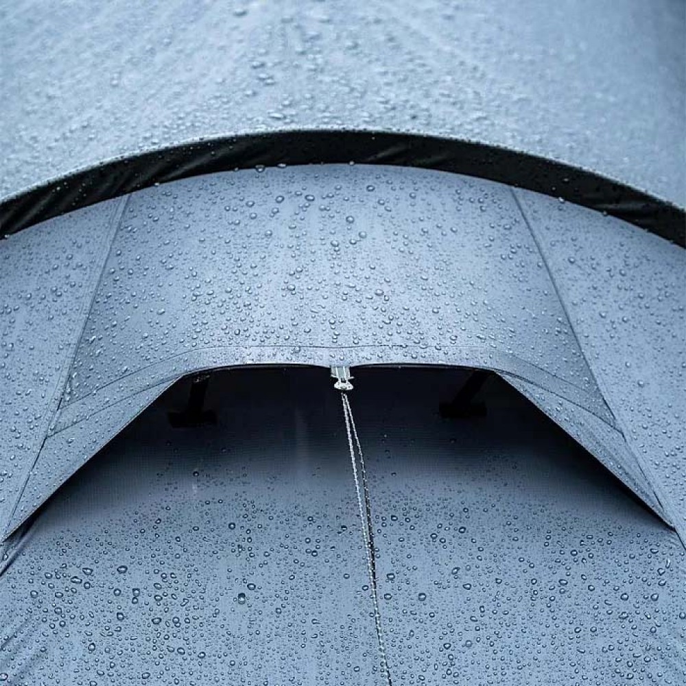 Openvista 2 Tunnel Tent – Steel Gray Front View Front view of Pomoly Openvista 2 tunnel hot tent showing the clean tunnel silhouette and front ventilation panel.