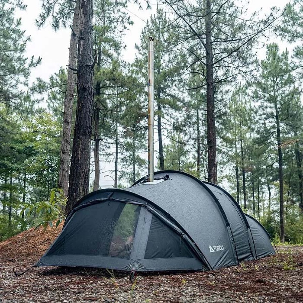 Openvista 2 Tunnel Tent in Forest Camp Setup Pomoly Openvista 2 tent set up in a forested area with canopy extension using trekking poles.