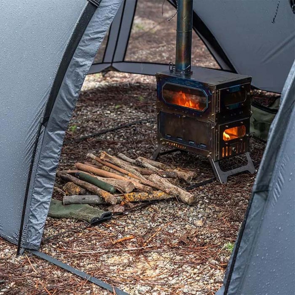Openvista 2 Tunnel Tent – Steel Gray Front View Front view of Pomoly Openvista 2 tunnel hot tent showing the clean tunnel silhouette and front ventilation panel.
