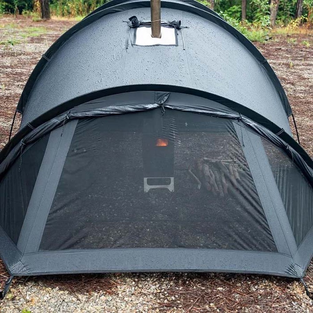 Openvista 2 Tunnel Tent – Steel Gray Front View Front view of Pomoly Openvista 2 tunnel hot tent showing the clean tunnel silhouette and front ventilation panel.