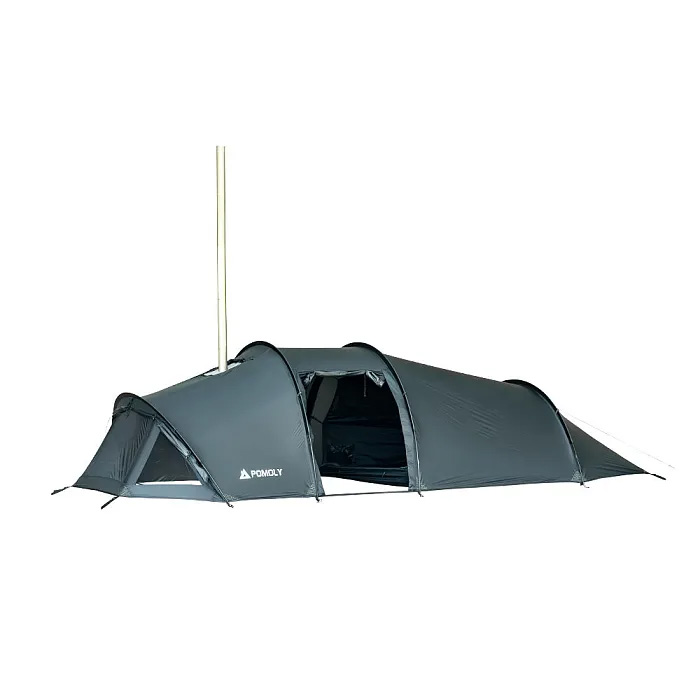 Front view of Pomoly Openvista 2 tunnel hot tent showing the clean tunnel silhouette and front ventilation panel.