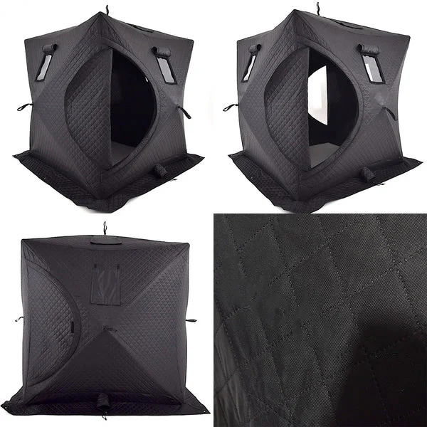 Outdoor Pop-Up Sauna Tent for 3–4 People Black insulated outdoor pop-up sauna tent for 3–4 people with a quilted exterior, zippered entrance, viewing window, and weather-resistant design for portable backyard and camping sauna use.