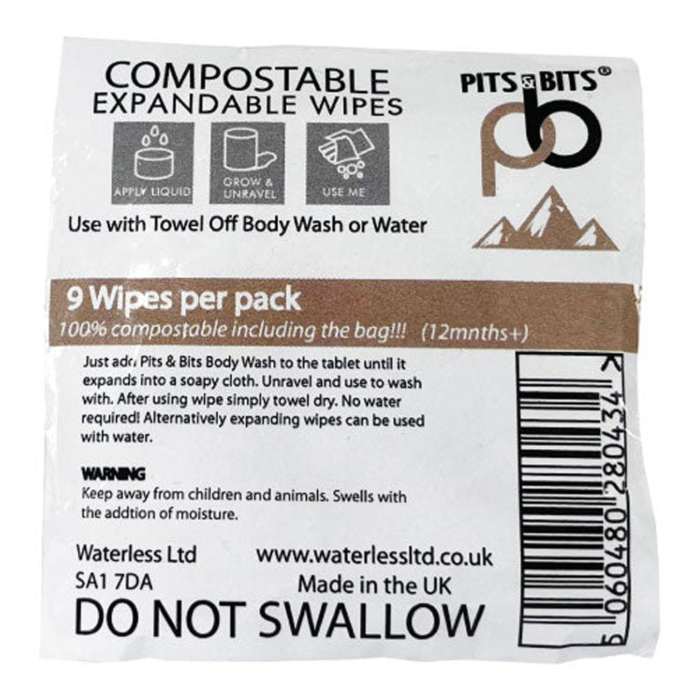 Front label of Pits & Bits Compostable Expandable Wipes showing usage instructions and product details