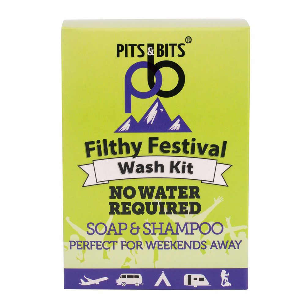 Close-up of the Filthy Festival Wash Kit box with bold “No Water Required” text and graphics for weekend travel
