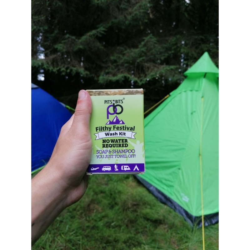 Complete Pits & Bits festival wash kit including shampoo, body wash, and compostable wipes, displayed with outer packaging