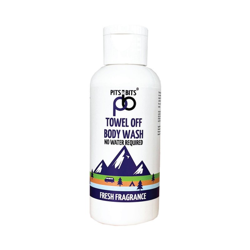 Front view of Pits & Bits Towel Off Body Wash bottle with purple mountain design and “Fresh Fragrance” label on white background.