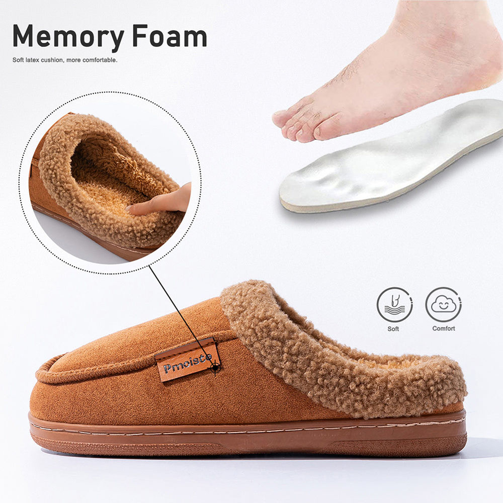 Men’s soft faux suede house slippers in brown with plush fleece lining and cushioned sole designed for warm indoor comfort and everyday home wear