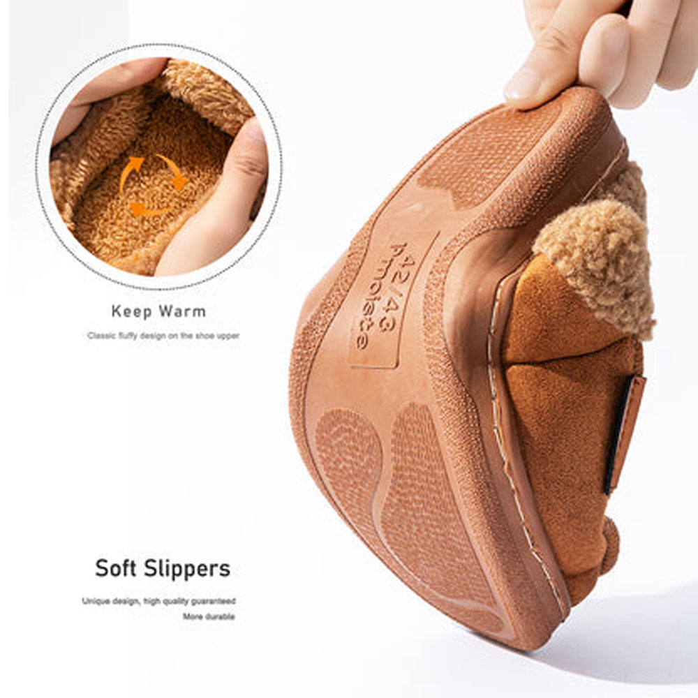Men’s soft faux suede house slippers in brown with plush fleece lining and cushioned sole designed for warm indoor comfort and everyday home wear