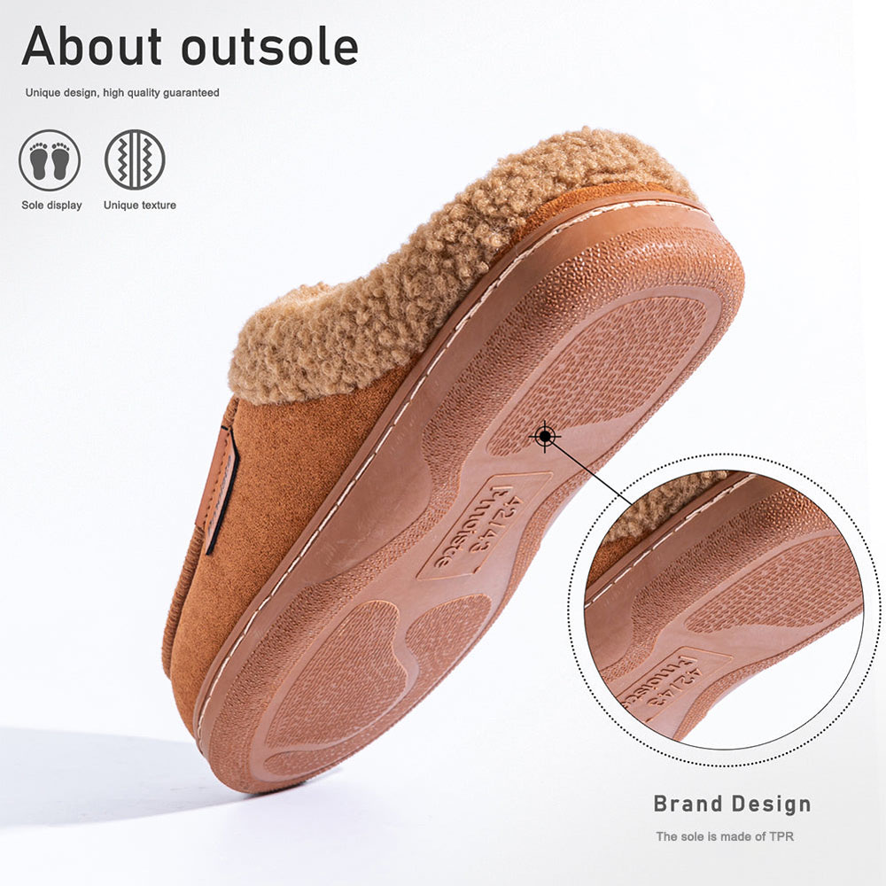 Men’s soft faux suede house slippers in brown with plush fleece lining and cushioned sole designed for warm indoor comfort and everyday home wear
