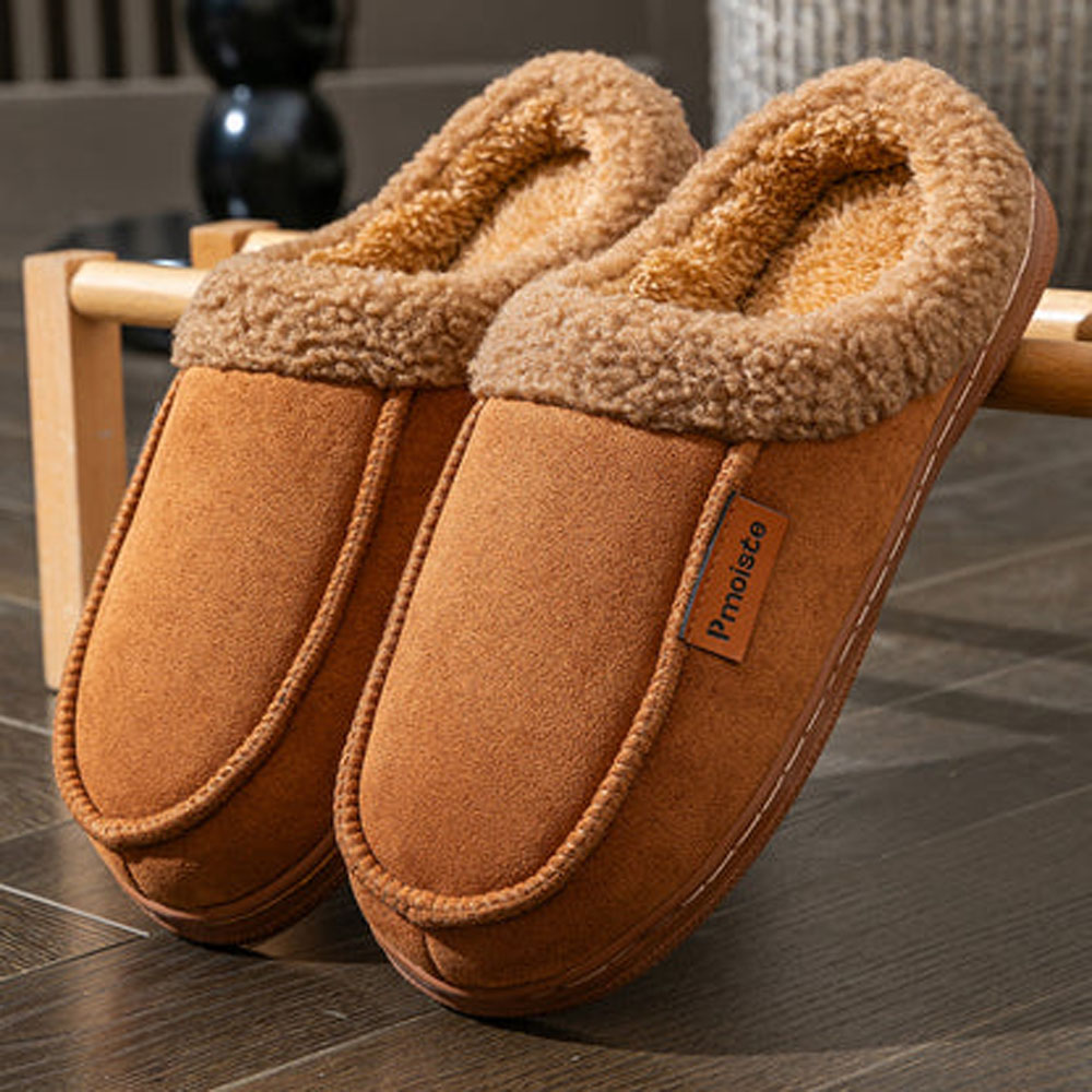 Men’s soft faux suede house slippers in brown with plush fleece lining and cushioned sole designed for warm indoor comfort and everyday home wear