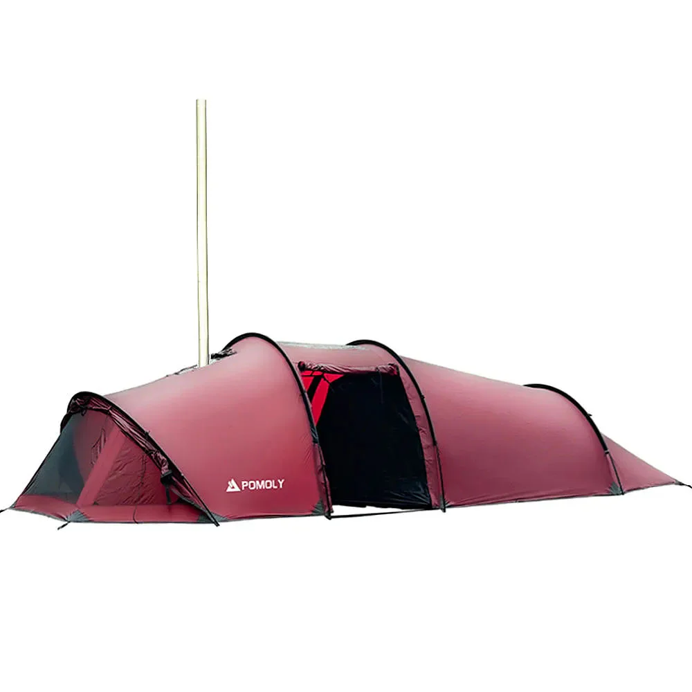 POMOLY OpenVista 3 TPU hot tent featuring a tunnel-style design, transparent TPU panels, and a stove jack for winter camping, glamping, and all-season outdoor shelter.