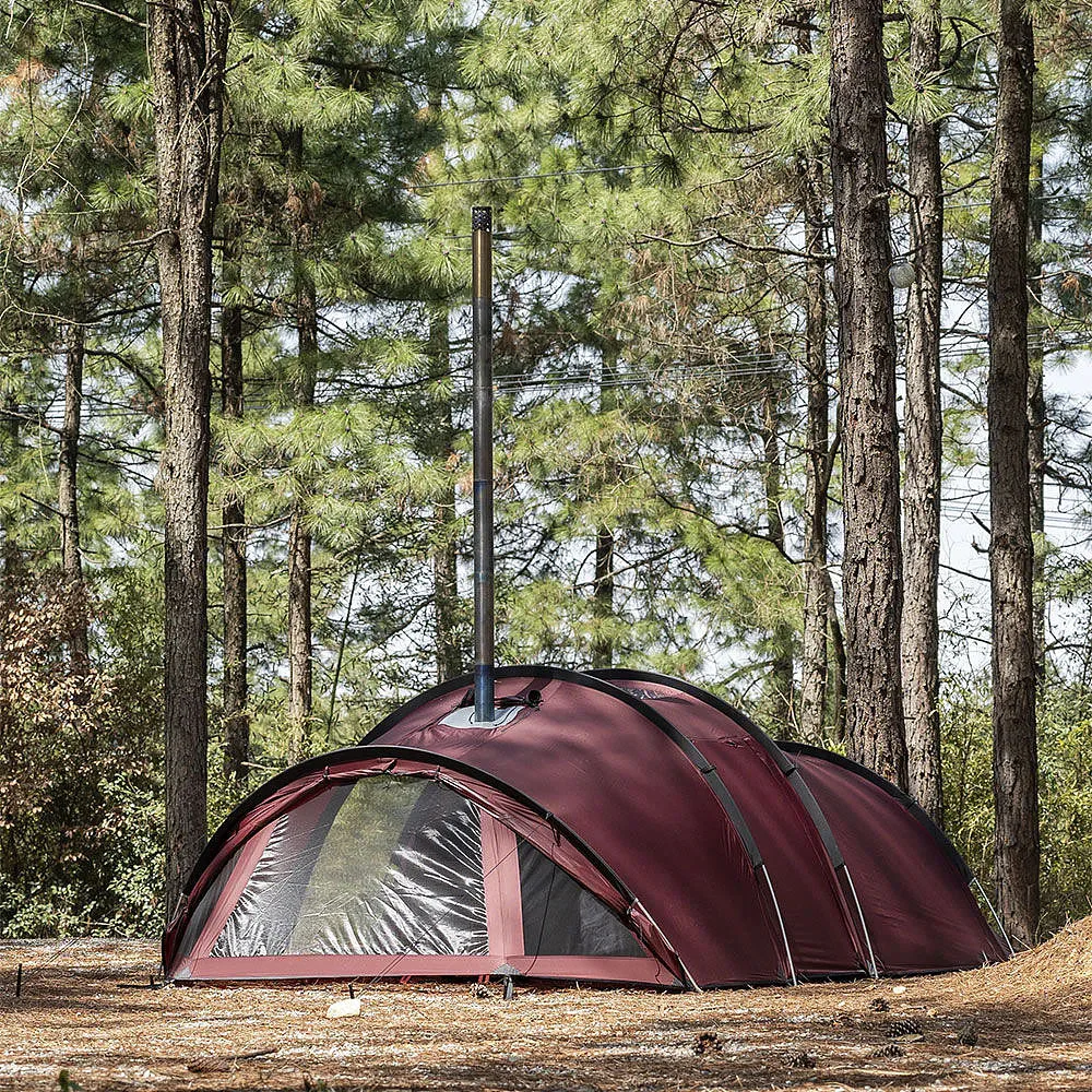 POMOLY OpenVista 3 TPU hot tent featuring a tunnel-style design, transparent TPU panels, and a stove jack for winter camping, glamping, and all-season outdoor shelter.