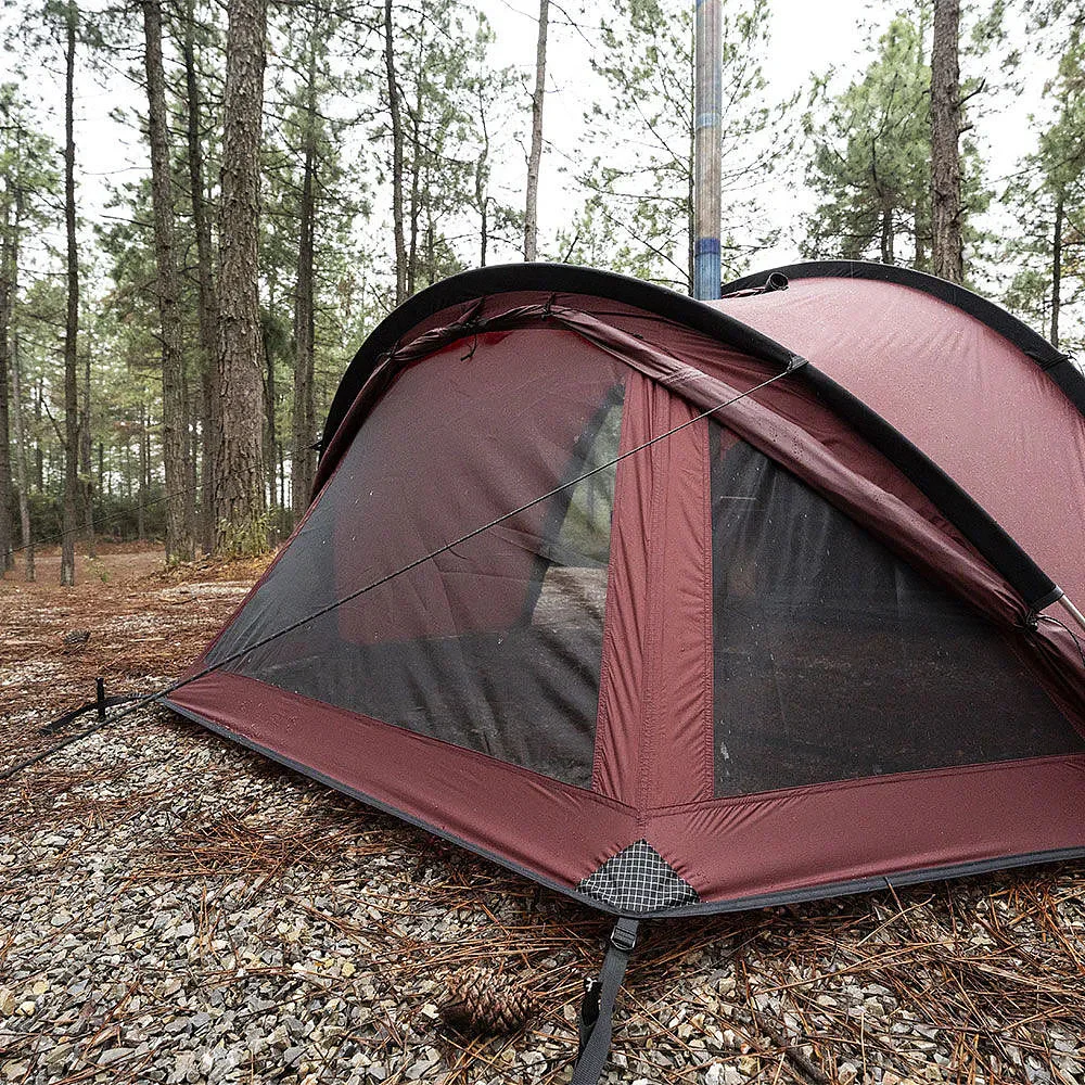 POMOLY OpenVista 3 TPU hot tent featuring a tunnel-style design, transparent TPU panels, and a stove jack for winter camping, glamping, and all-season outdoor shelter.