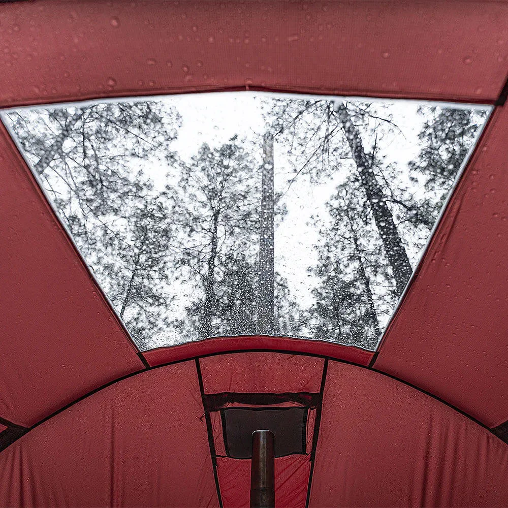POMOLY OpenVista 3 TPU hot tent featuring a tunnel-style design, transparent TPU panels, and a stove jack for winter camping, glamping, and all-season outdoor shelter.