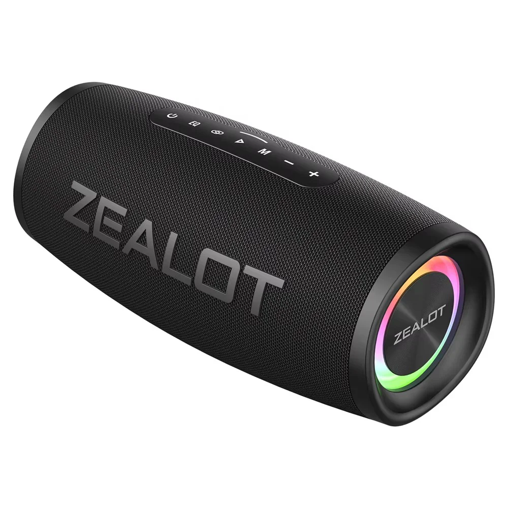 Zealot portable Bluetooth speaker with 40W output, RGB lighting effects, wireless connectivity and cylindrical design for powerful audio playback at home, outdoor gatherings, camping, travel and parties.