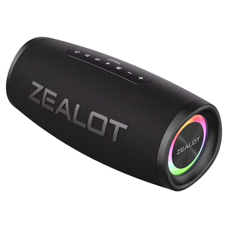 Zealot portable Bluetooth speaker with 40W output, RGB lighting effects, wireless connectivity and cylindrical design for powerful audio playback at home, outdoor gatherings, camping, travel and parties.