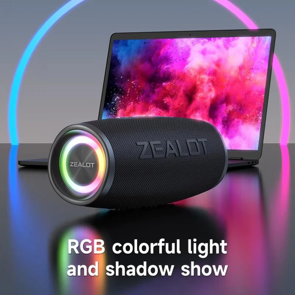 Zealot portable Bluetooth speaker with 40W output, RGB lighting effects, wireless connectivity and cylindrical design for powerful audio playback at home, outdoor gatherings, camping, travel and parties.