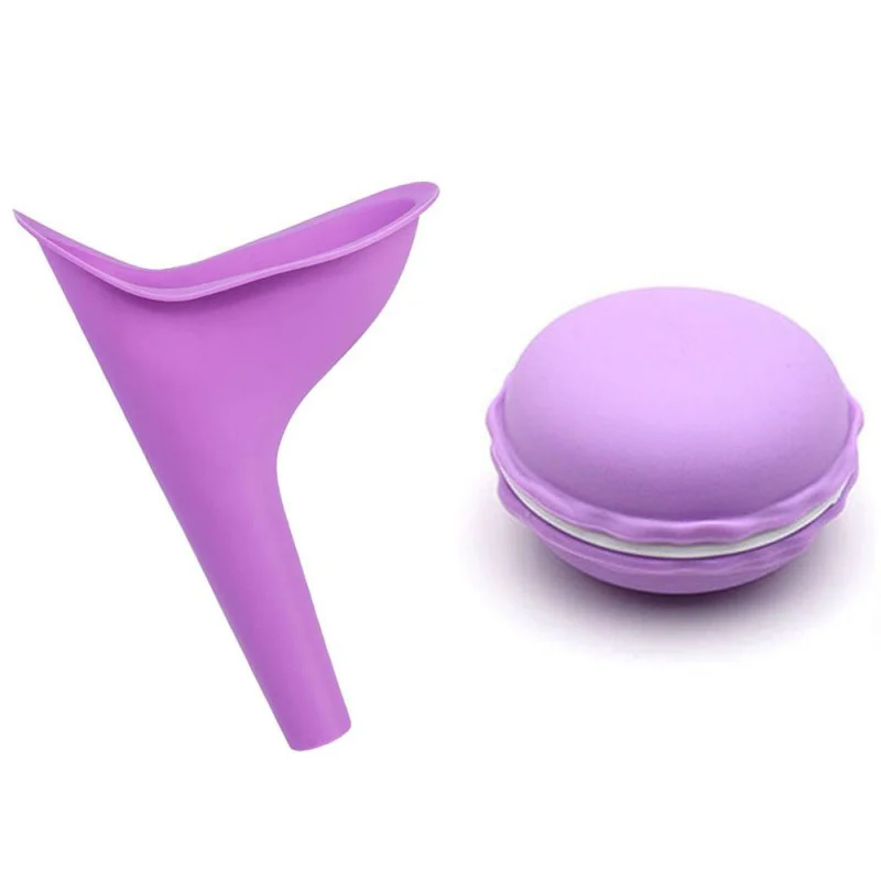 Portable silicone female urinal funnel with a collapsible storage case, designed for hygienic and convenient use during camping, hiking, travel, and outdoor activities.