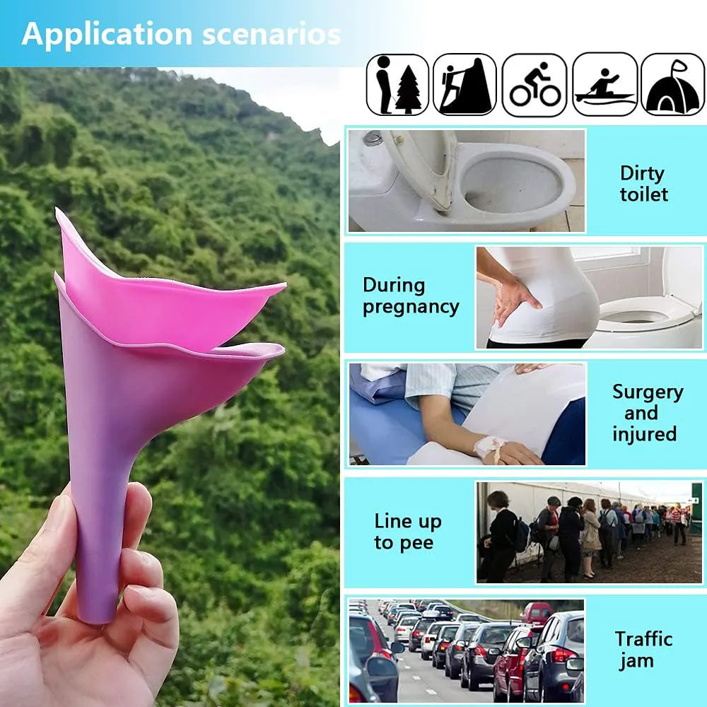 Portable women Urinal Funnel for Camping & Travel Portable silicone female urinal funnel with a collapsible storage case, designed for hygienic and convenient use during camping, hiking, travel, and outdoor activities.