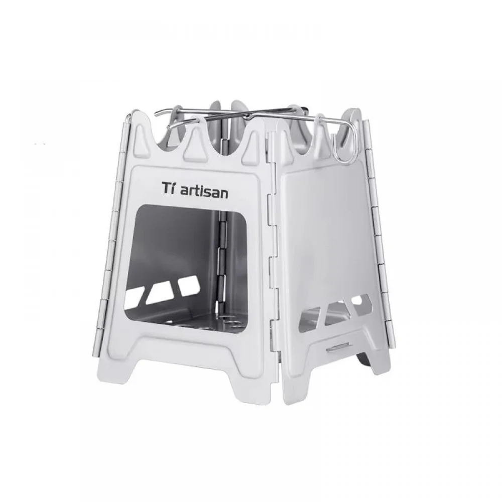 Portable foldable stainless steel camping stove with compact panel construction, integrated pot supports, and ventilation cut-outs for efficient airflow. Designed for outdoor cooking, backpacking, hiking, bushcraft, survival, and camping adventures. Light
