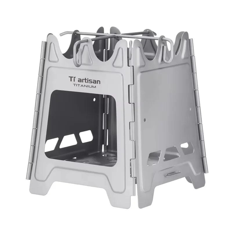 Ultra-light foldable titanium camping stove featuring a compact panel design with integrated pot supports and ventilation openings. Ideal for backpacking, hiking, bushcraft, survival, and outdoor cooking. The durable titanium construction offers excellent
