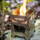 This lightweight backpacking stove features ventilation cutouts for efficient airflow and supports cooking with twigs, wood, leaves, and other natural fuel sources.