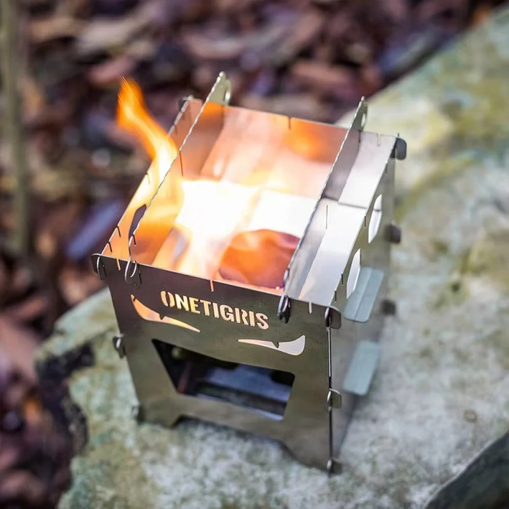 This lightweight backpacking stove features ventilation cutouts for efficient airflow and supports cooking with twigs, wood, leaves, and other natural fuel sources.