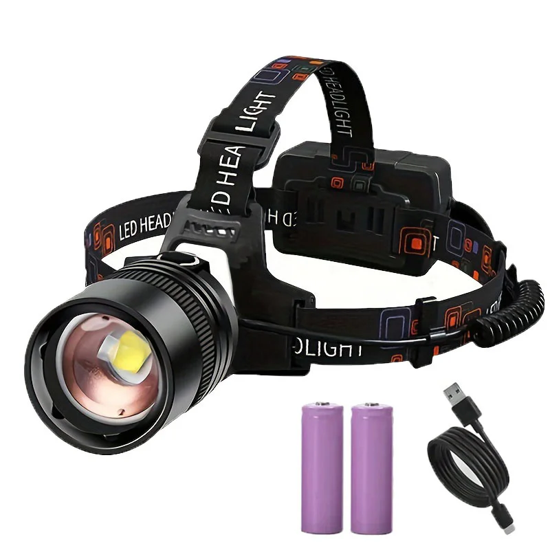 Powerful rechargeable LED headlamp with adjustable head straps, two batteries and USB charging cable