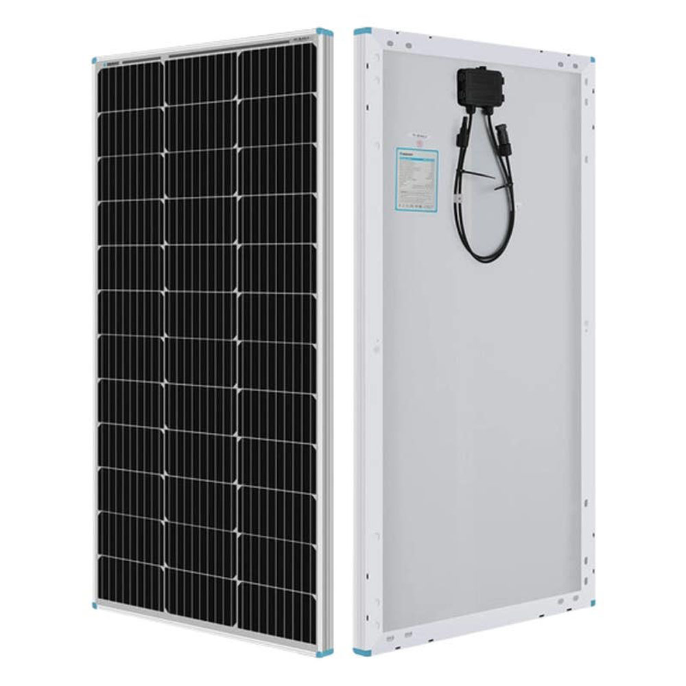 Renogy 100 watt monocrystalline solar panel front and rear view with junction box and MC4 connectors