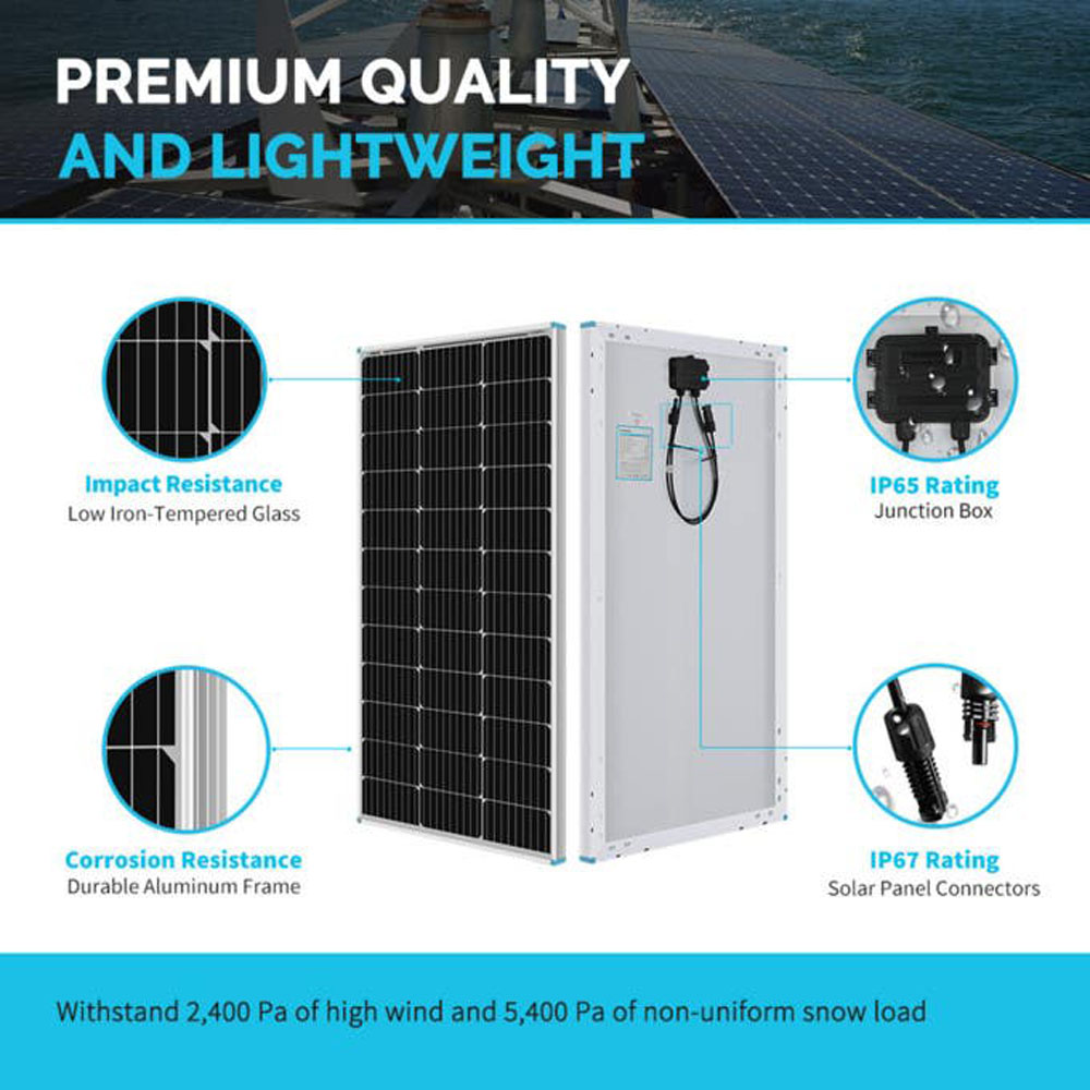 Renogy 100W Monocrystalline Solar Panel Front and Back View Renogy 100 watt monocrystalline solar panel front and rear view with junction box and MC4 connectors