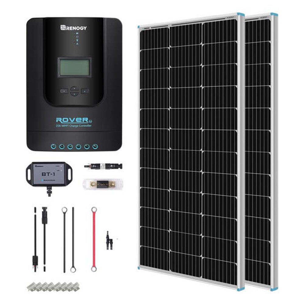Renogy 200 watt solar panel kit with dual panels MPPT charge controller cables and mounting hardware