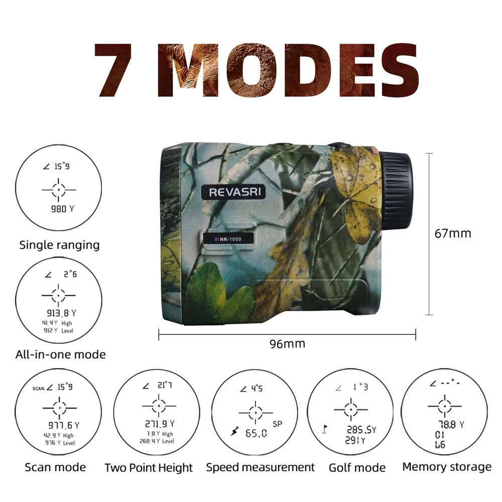 Revasri 1000m rechargeable laser rangefinder with camouflage finish, high-precision distance measurement and compact handheld design for hunting, golf, target shooting and outdoor range estimation.