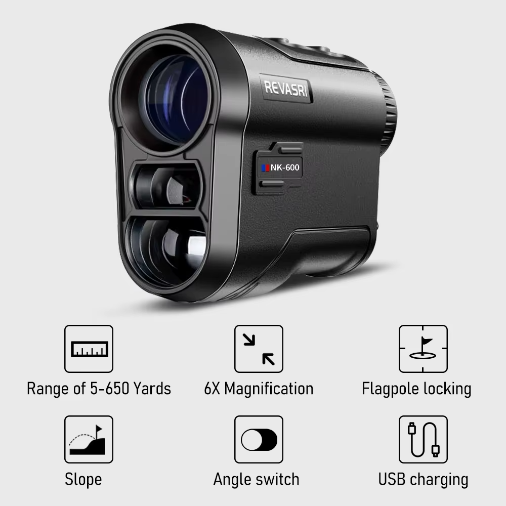 Revasri golf laser rangefinder with slope compensation, flag lock vibration and high-precision distance measurement for golfers seeking accurate yardages on the course, practice range and tournament play.