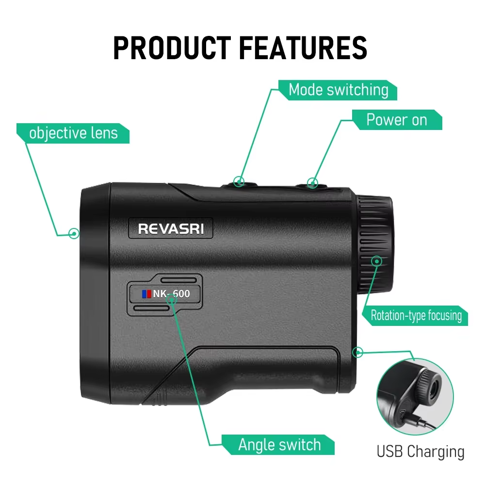 Revasri golf laser rangefinder with slope compensation, flag lock vibration and high-precision distance measurement for golfers seeking accurate yardages on the course, practice range and tournament play.